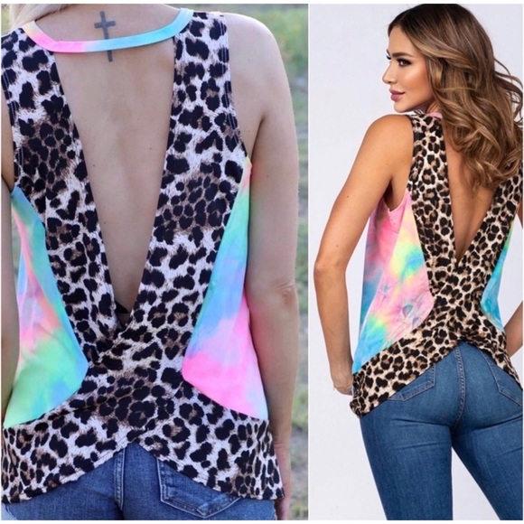 1 LEFT! V Back Leopard Print Tie Dye Lightweight Summer Sleeveless Top - Picture 3 of 8